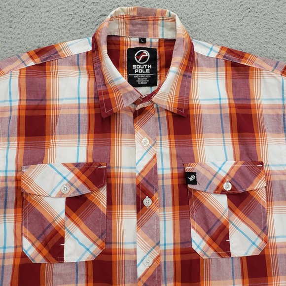 South Pole Shirt Mens Large Orange Button Up Short Sleeve Casual Plaid Pockets‎ - Picture 2 of 13